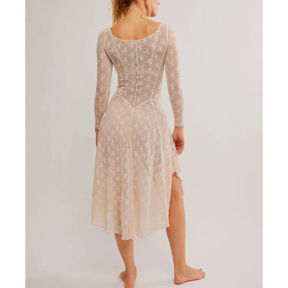 Free People Sheer Lace Long-Sleeve Chemise in Nude